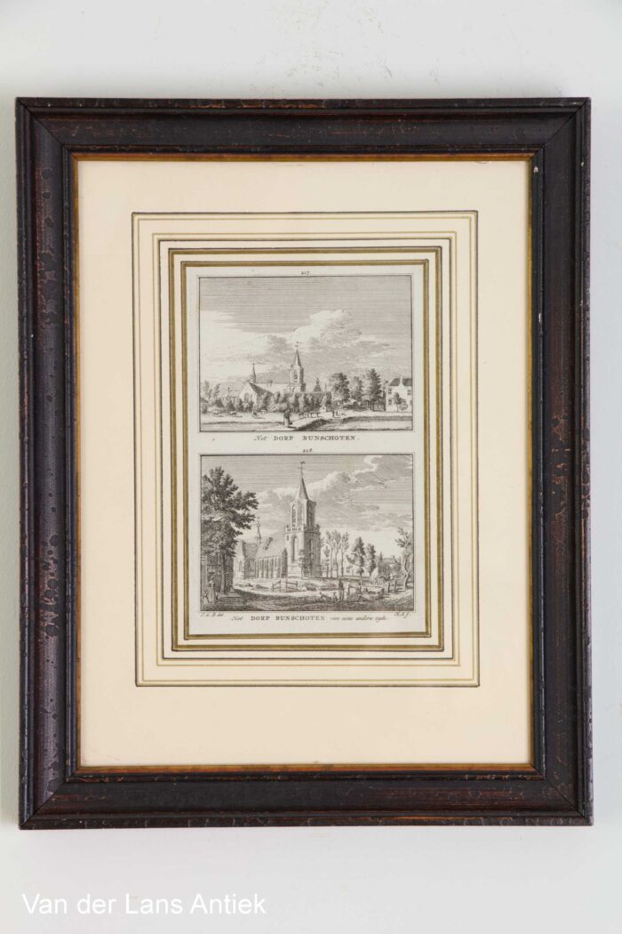 Het dorp Bunschoten. Kopergravure gegraveerd door Hendrik Spilman (1721-1783). Uit "Het Verheerlijkt Nederland" uitgegeven door Isaak Tirion.